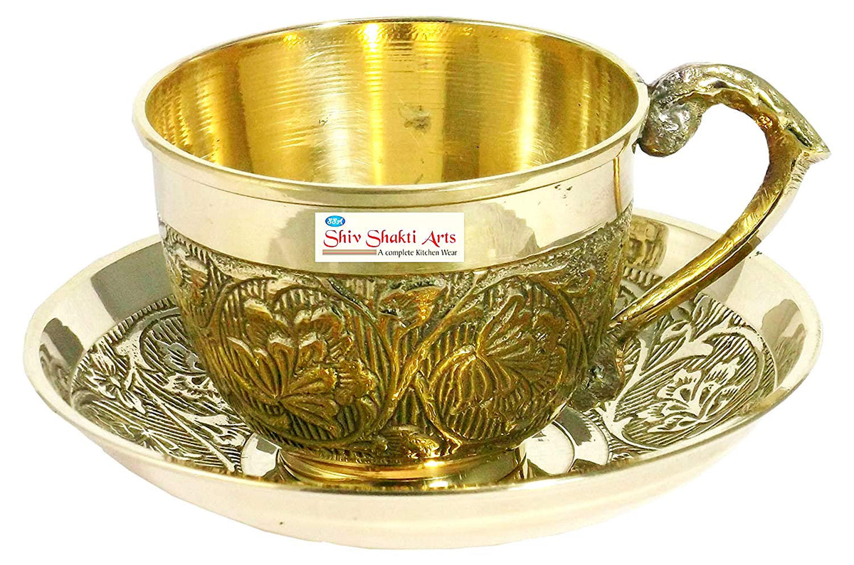 Brass Cup with Saucer - Set of 6 (Golden)
