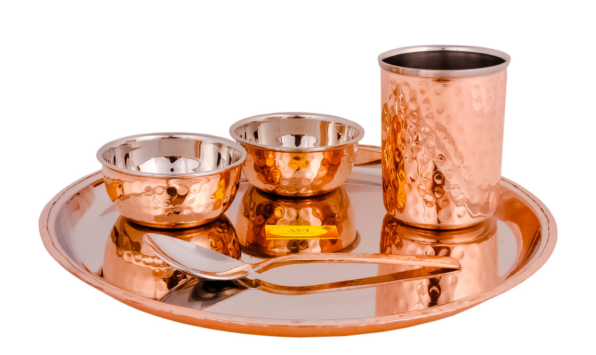 Stainless Steel Copper Dinner Thali Set 5 Pieces Luxury Hammer