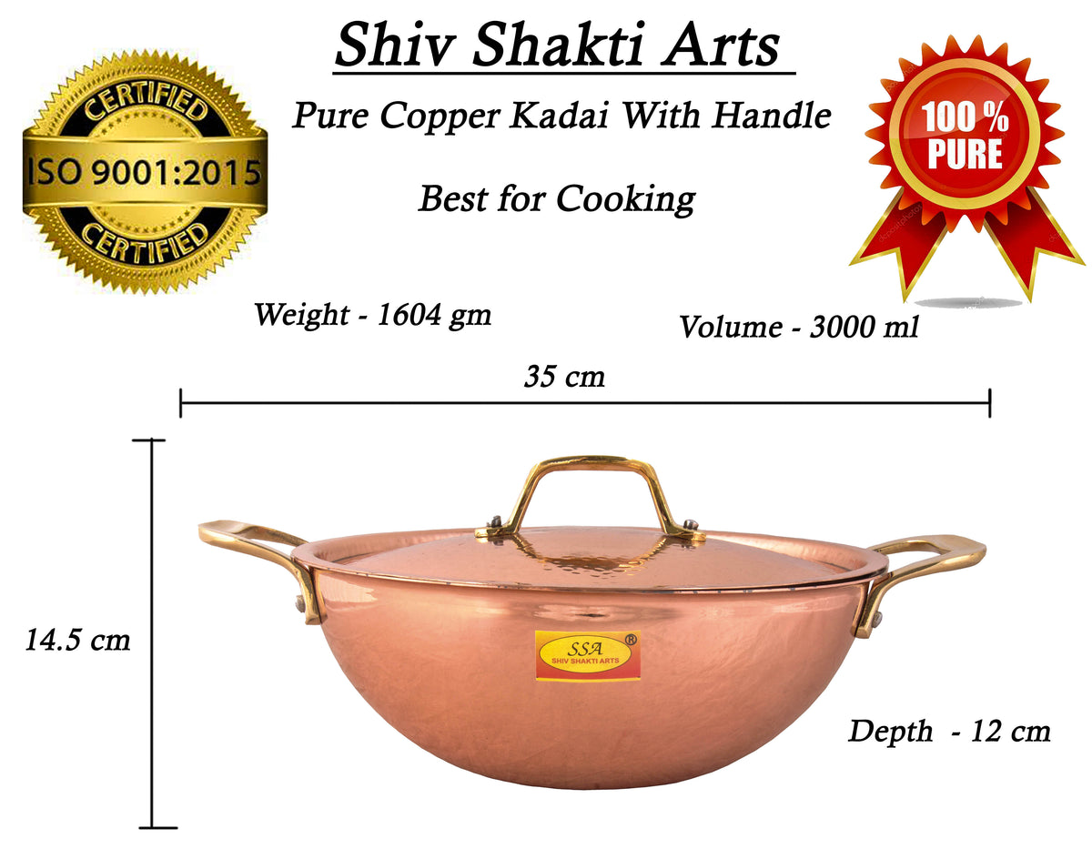 Pure Copper Kadai with Lid and Brass Handle Inside Tin Coating Premium