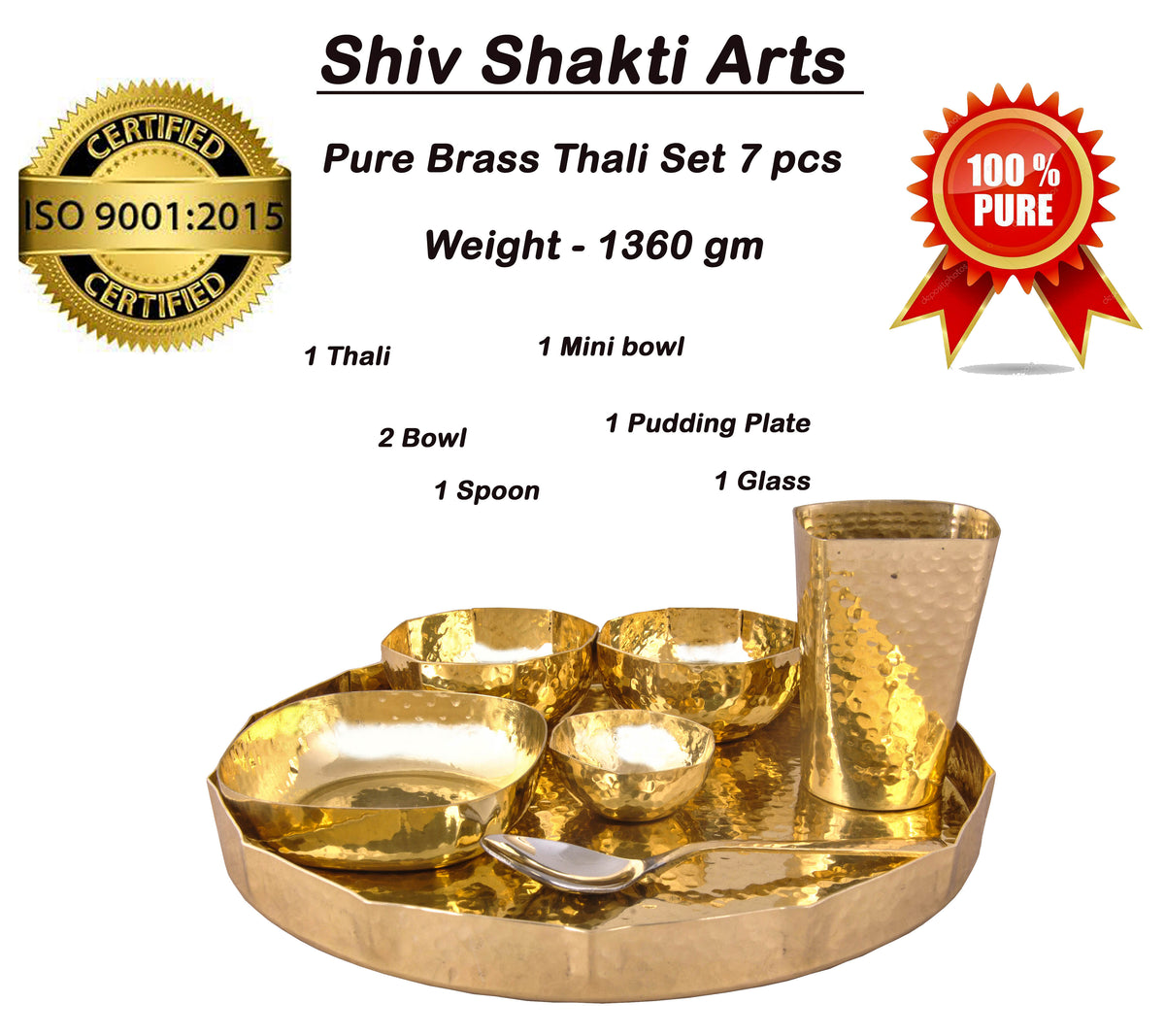 Pure Brass Dinner Set Thali Set Hammered Design 7 Pcs Octagon Shape