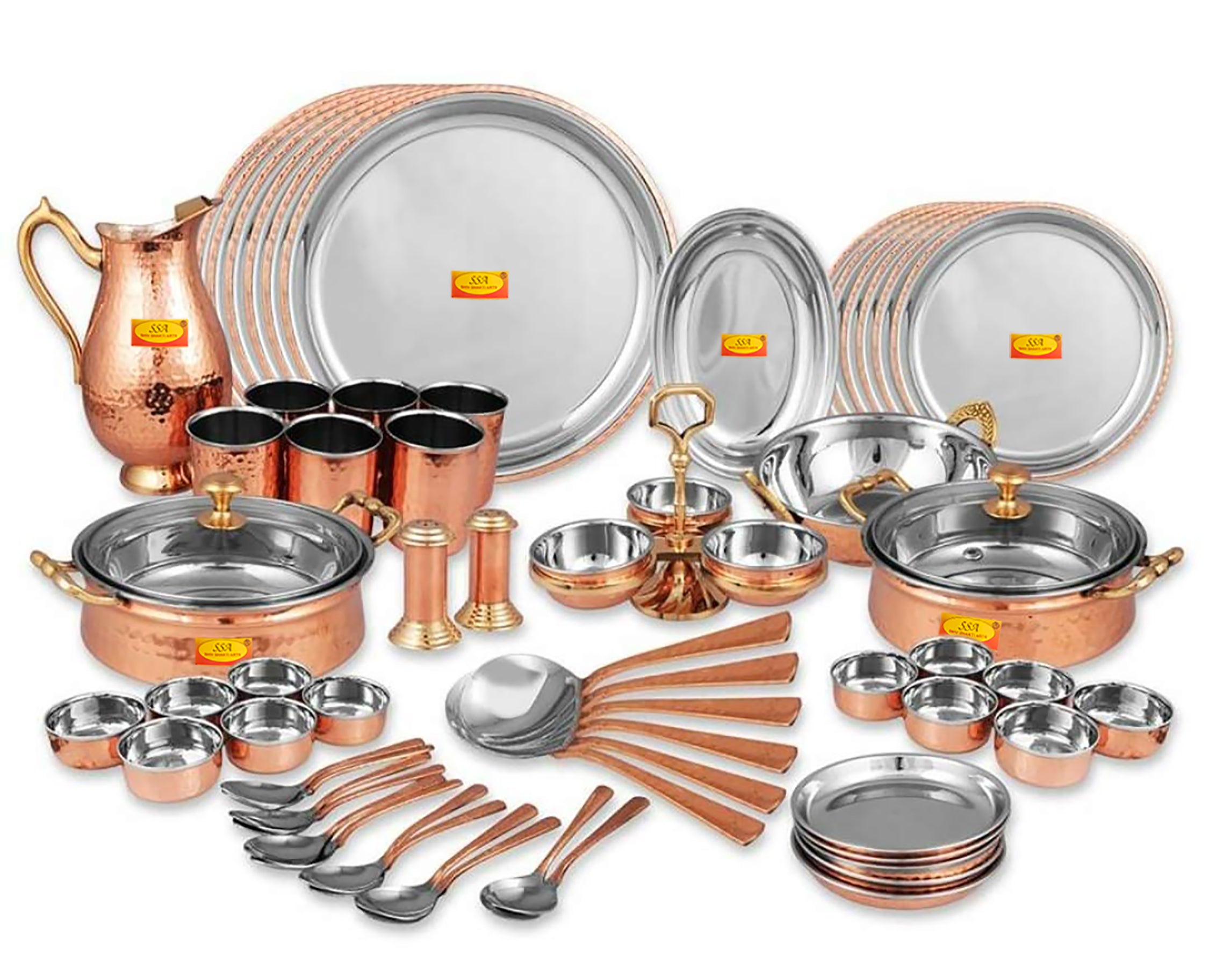 Stainless Steel Copper Dinner Set Thali Set, 63 Pieces Tim