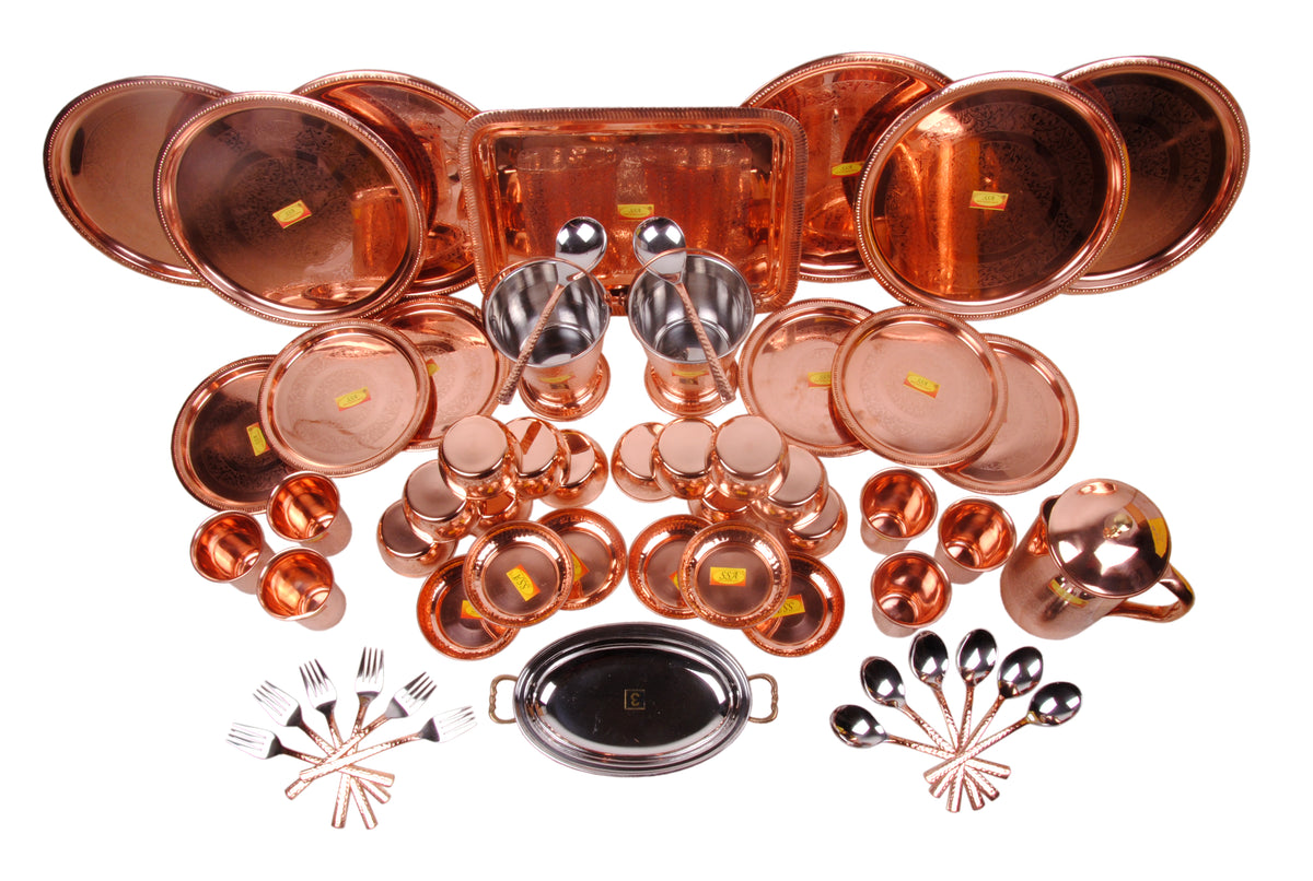 Pure Copper Dinner Set - 55 Pieces - Designer - (Engraved, Embossed De ...