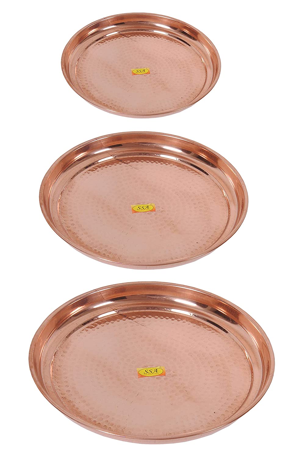 Handmade Pure Combo of Copper Plates Thali Dish Hammered Design Homeware Hotelware Dinnerware Serveware ::Set of 3(Big+Medium+Small)