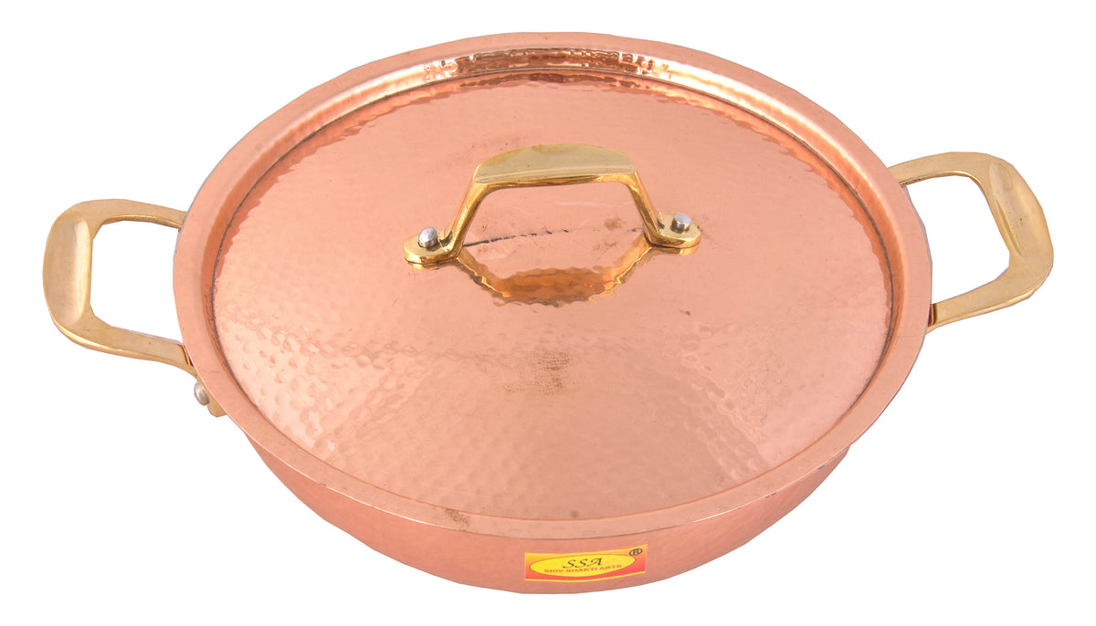 Pure Copper Kadai with Lid and Brass Handle Inside Tin Coating Premium