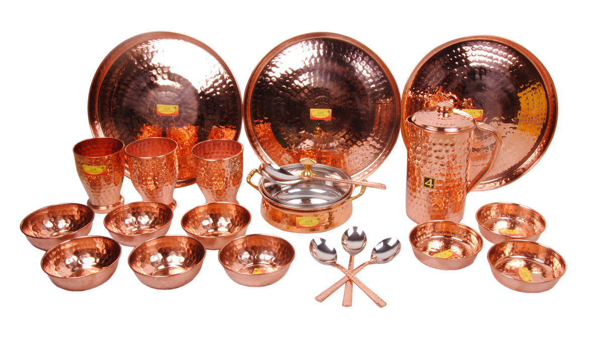 Pure Copper Full Family Dinner Set - 21 Pieces - Designer - (Hammer Co ...