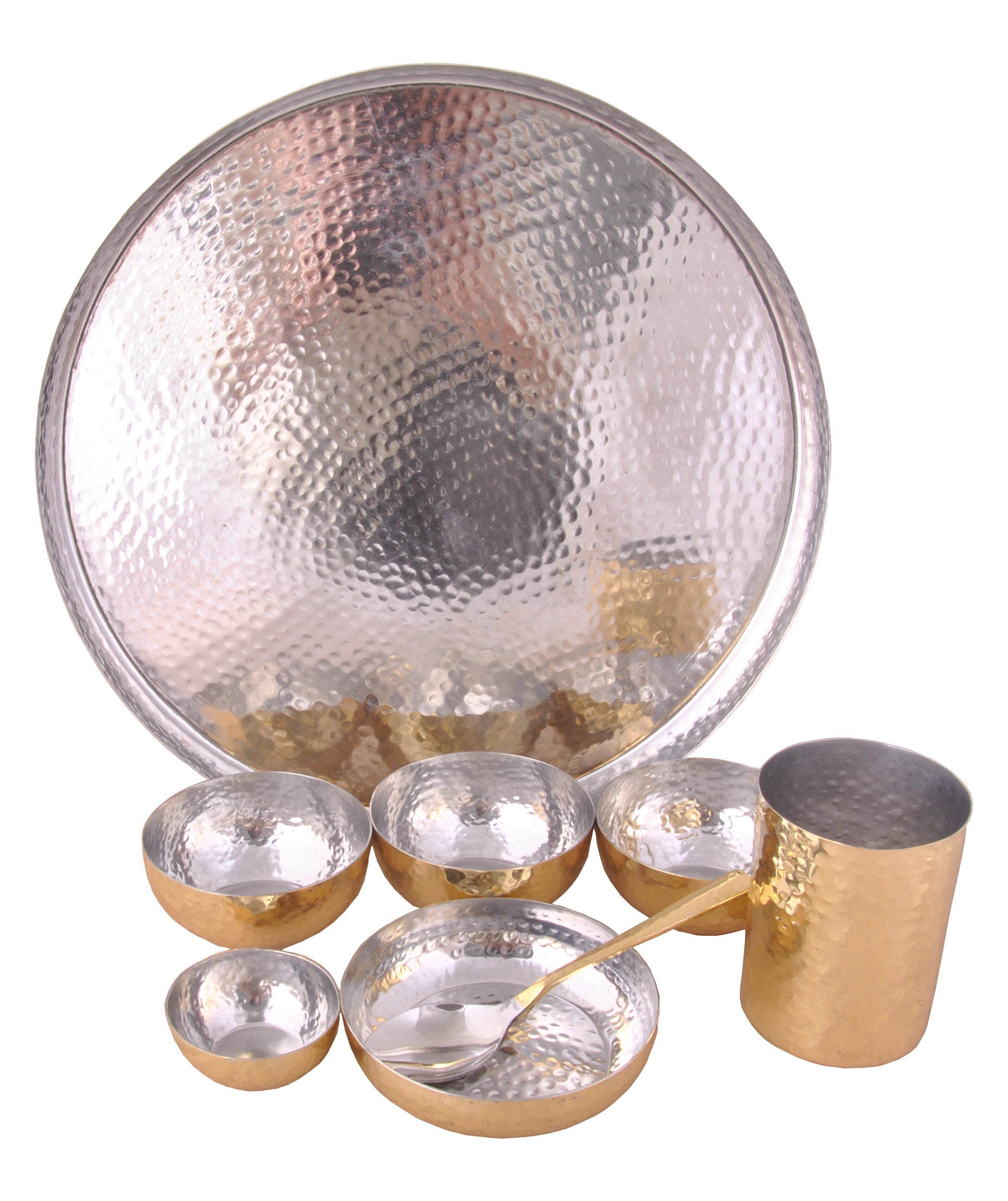 Pure Brass Thali Set | Dinner Set | Luxury Hammer Design - 8 Pieces Brass  Dinnerware Set, for Gifting Diwali Spacial