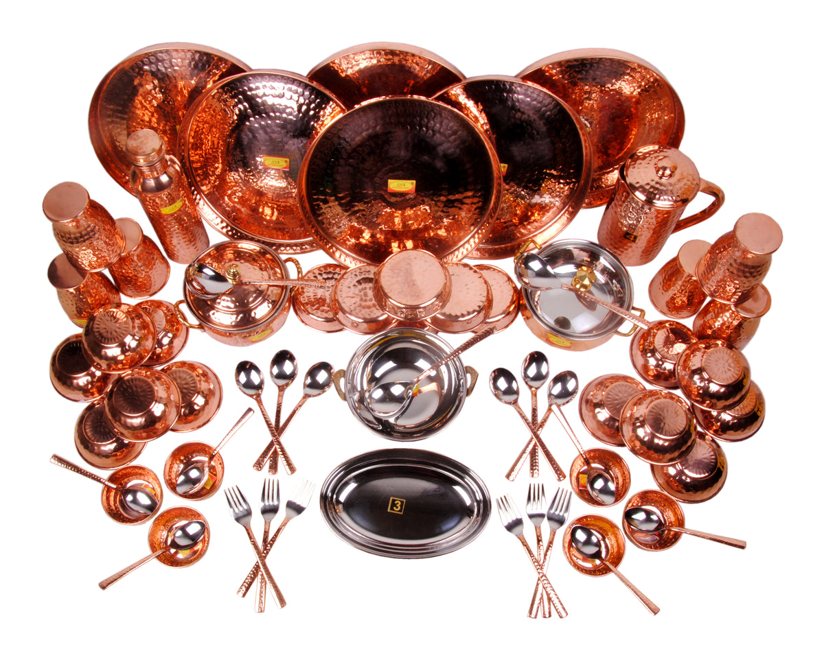 Pure Copper Full Family Dinner Set - 63 Pieces - Designer - (Hammer Co ...