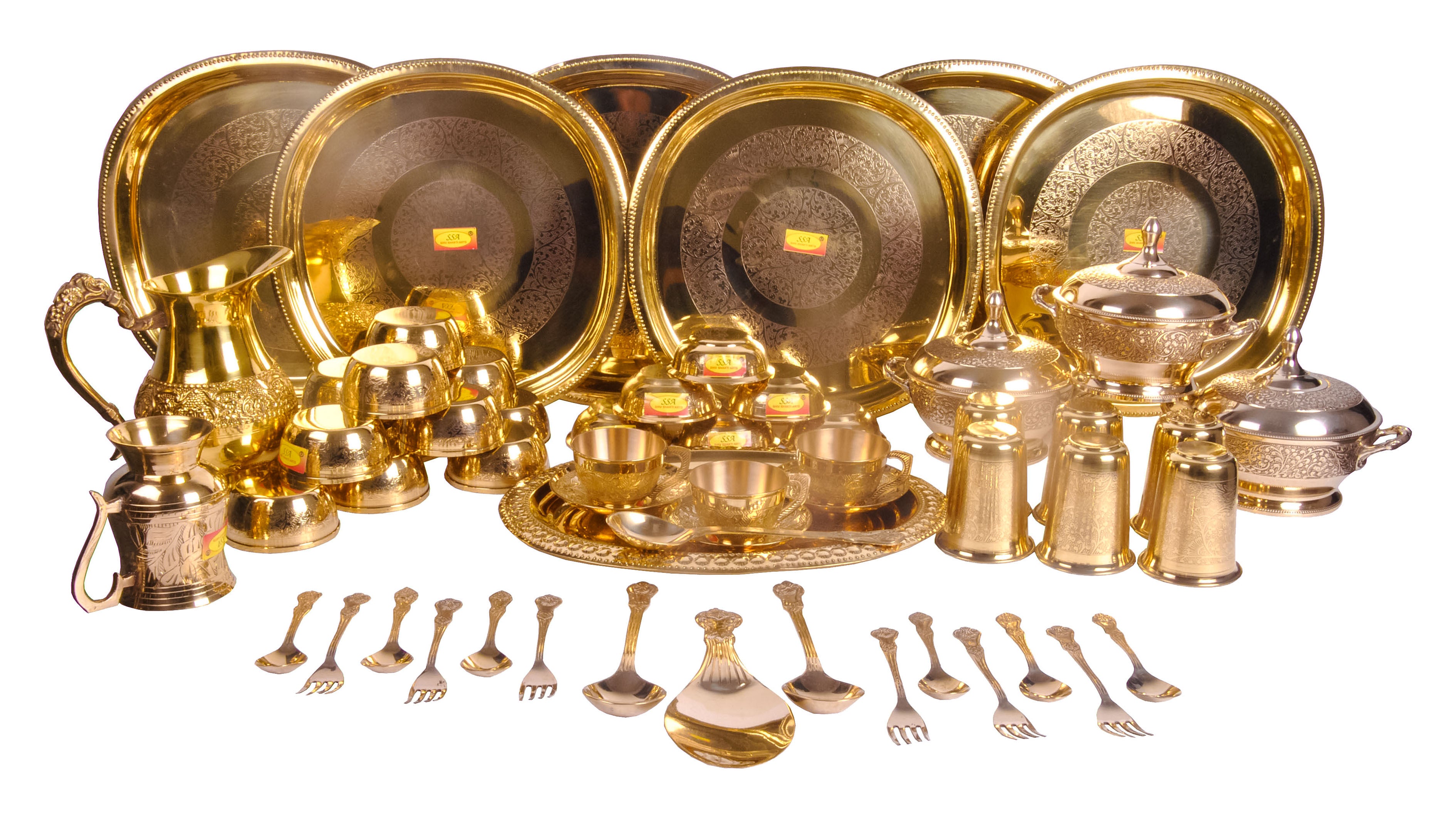 Chief Tableware 100% Pure Brass Dinner Set 58 Piece |Square Plate Engraved Designed |P ...