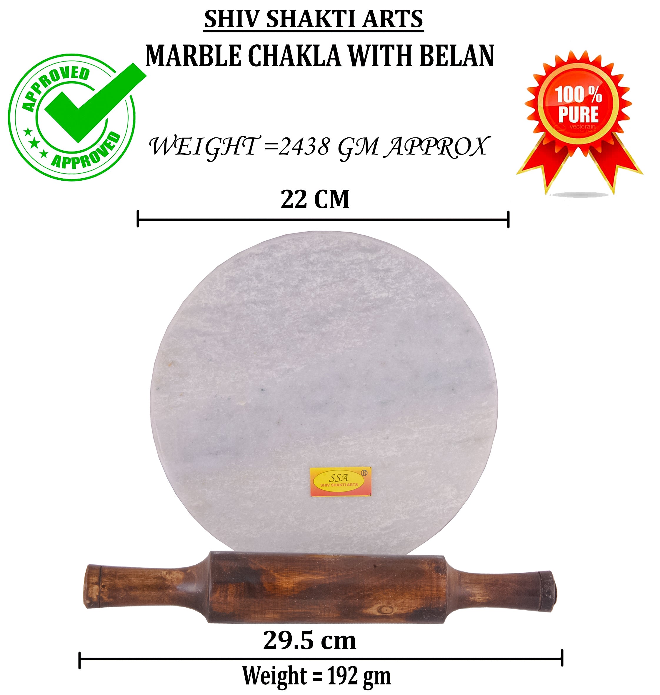 Bellan Roti Indian White Marble Roti Maker with Wooden Belan/White Marble Chakla ...
