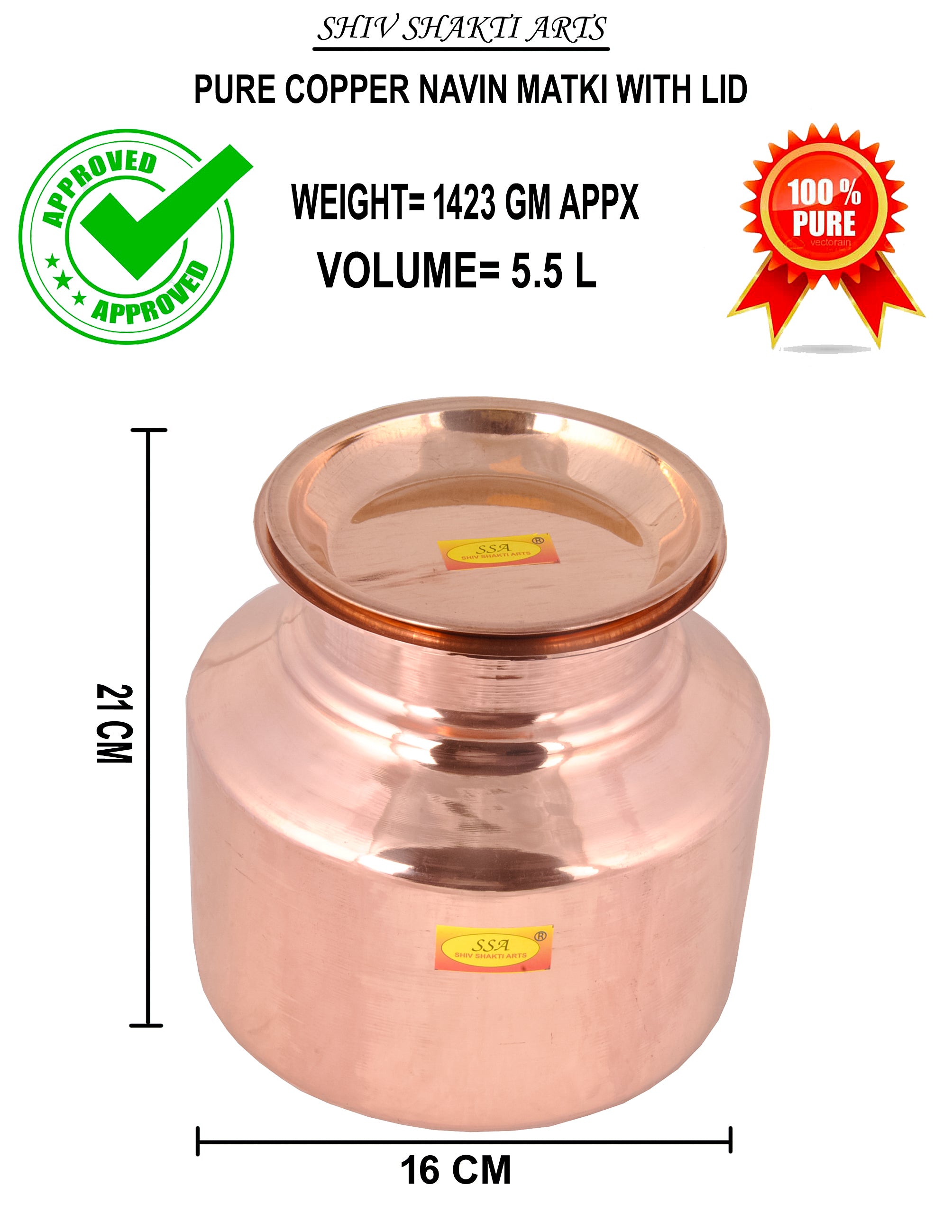 100% Pure Copper Pot | Matka Container With Lid 5.5 Litre Water Storin ...