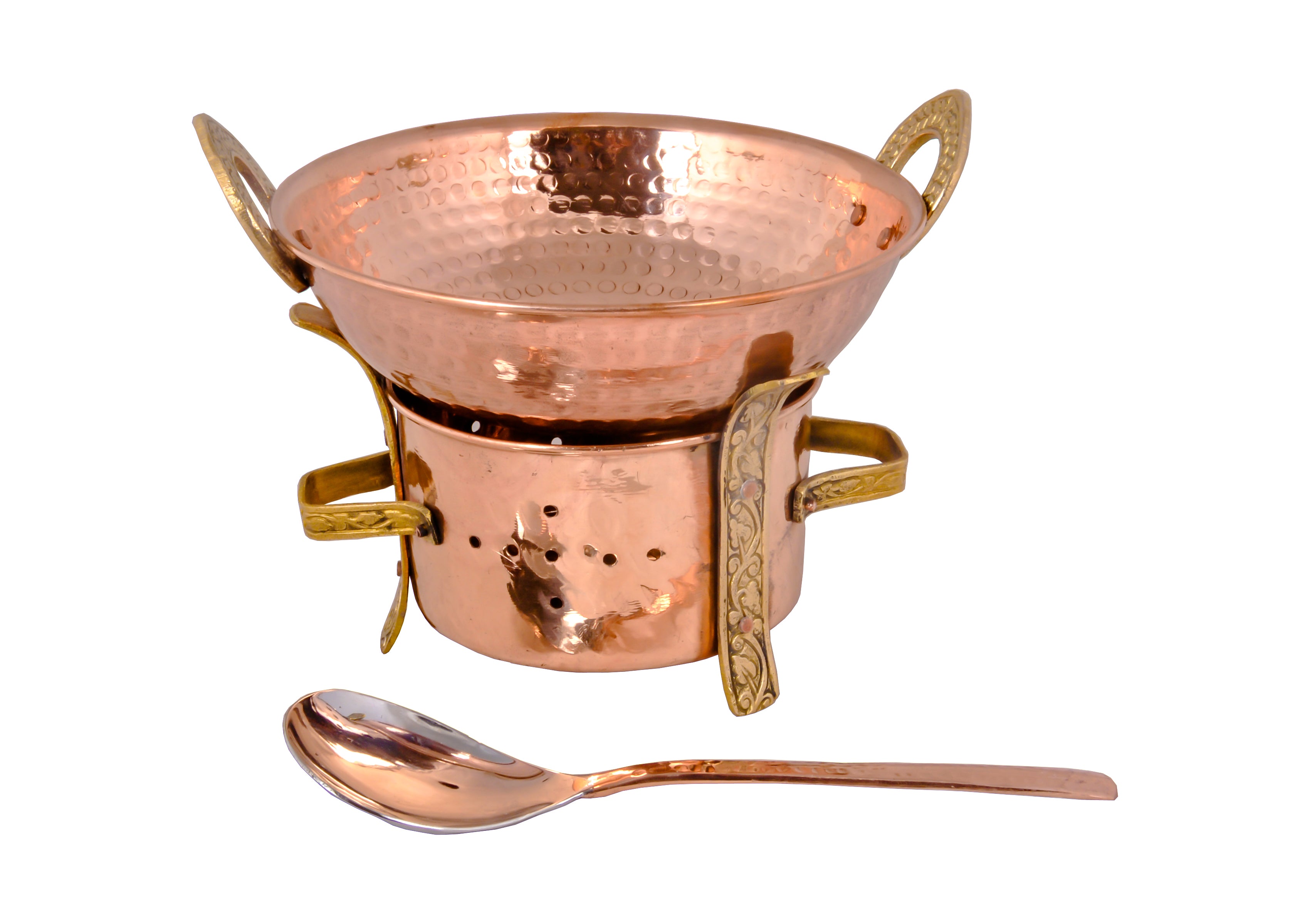 Pure Copper Kadhai with Spoon Angithi/Sigdi with Brass Stand