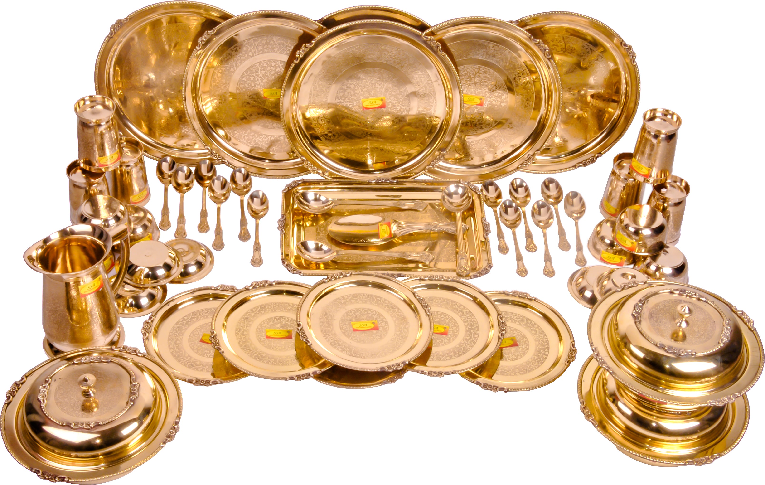 Brass 51 Pieces Full Family Complete Dinner Set (Engraved, Gold)